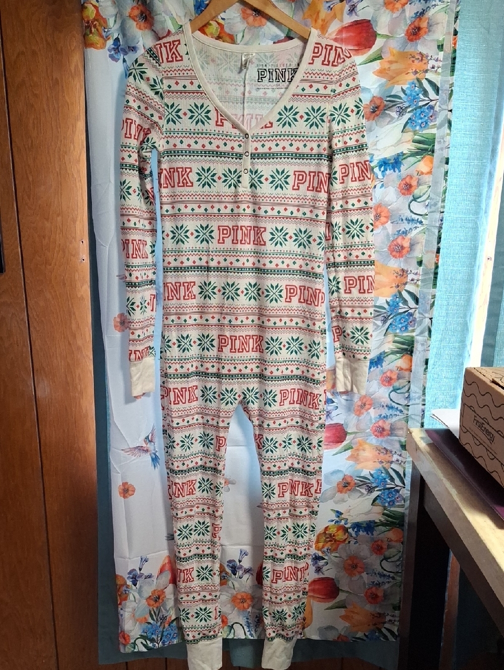 PINK Victoria's Secret Cream, Red & Green Fair Isle One-Piece Pajama Size Small